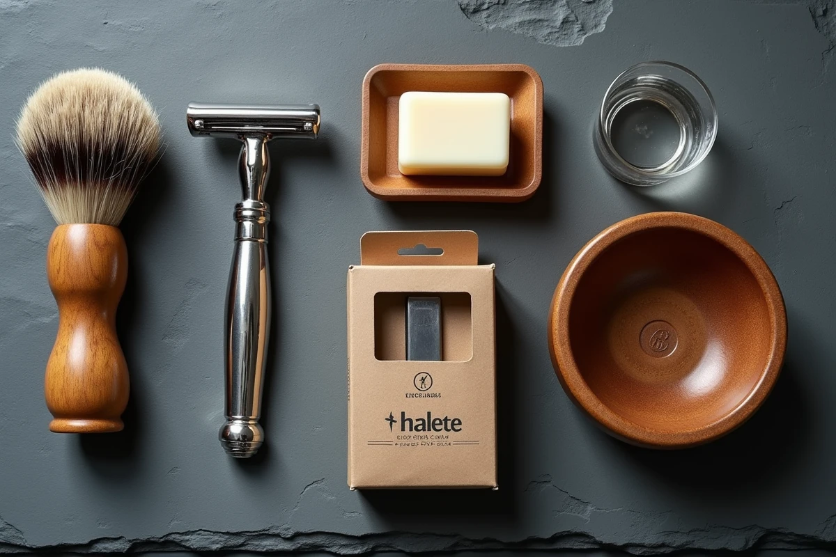 Flat-lay de lames Treet et accessoires de rasage traditionnel sur une tablette en ardoise grise