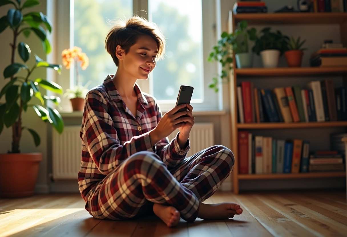 Adolescente avec coupe wolfcut utilisant son smartphone