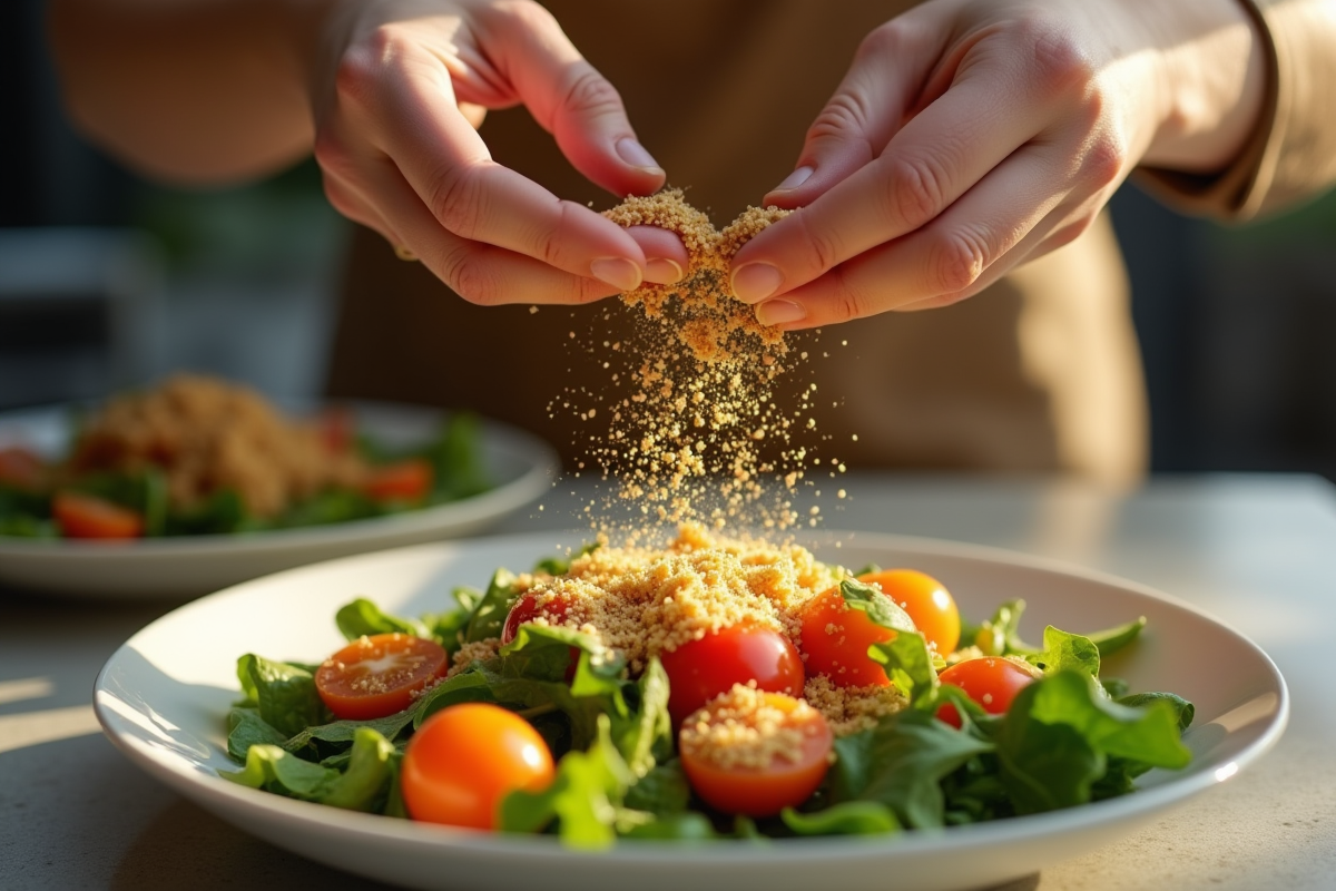 Mains saupoudrant délicatement de la levure sur une salade fraîche