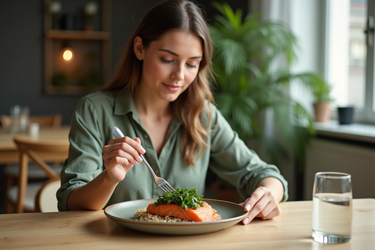 Femme mangeant un repas équilibré riche en nutriments pour favoriser la repousse et la santé des ongles fendus
