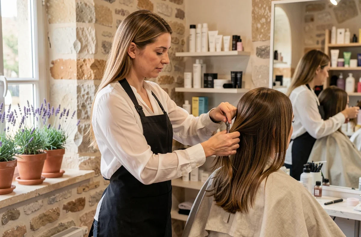 Coiffeuse réalisant une coupe de cheveux pour une cliente dans le salon Amélie'Tif à Draguignan