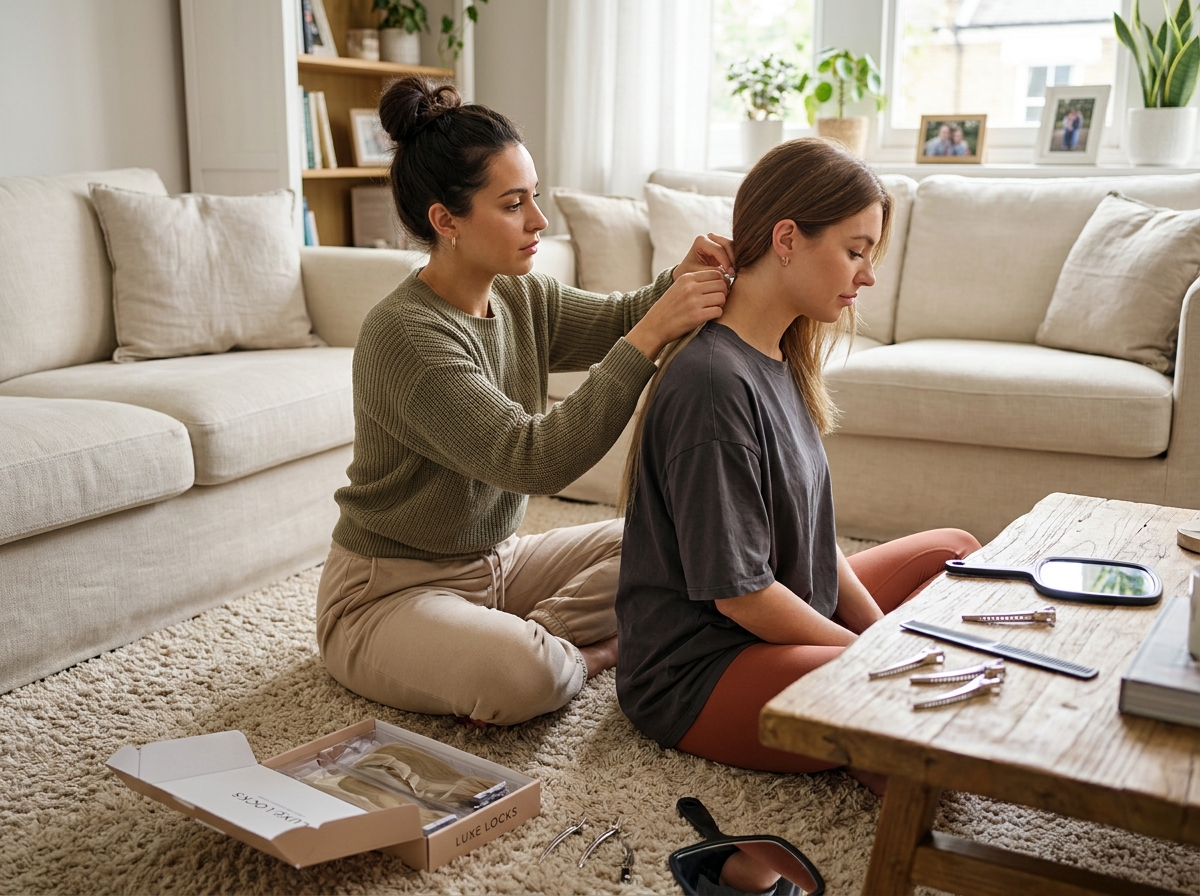 Deux amies appliquant des extensions à bandes adhésives à la maison dans un salon cosy un soir de semaine