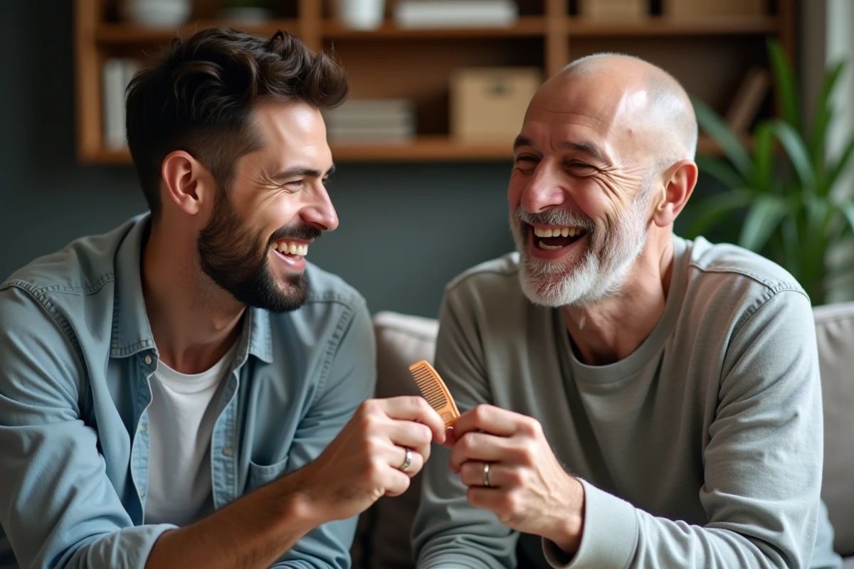 Deux amis riant ensemble dans un salon, l'un offrant un peigne fantaisie comme cadeau humoristique à l'autre qui est chauve