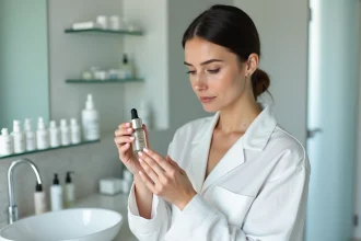 Femme analysant attentivement les ingrédients d'une essence cosmétique dans une salle de bain minimaliste moderne