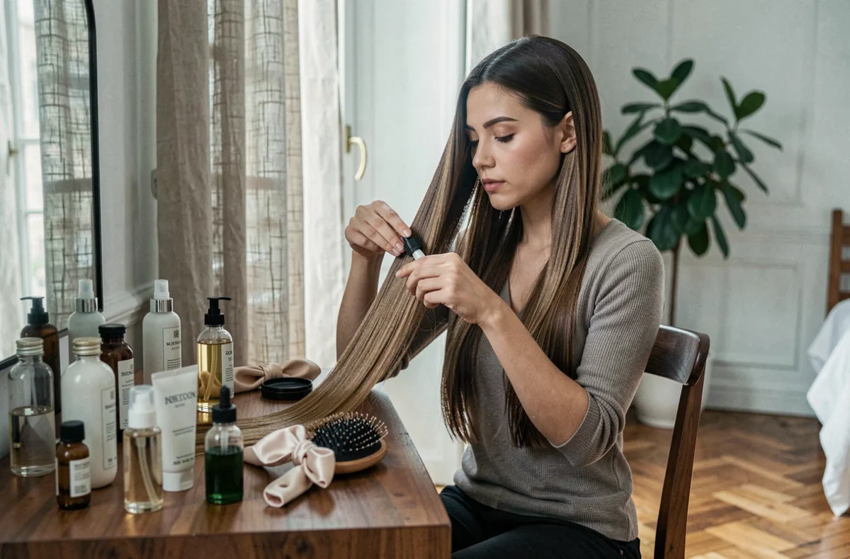 Femme appliquant une huile capillaire sur des cheveux lisses et brillants après lissage japonais Shiseido sur une coiffeuse en bois