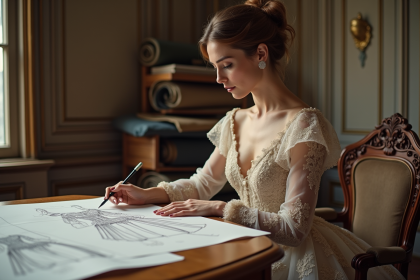 Femme élégante en couture examinant des croquis dans un atelier parisien