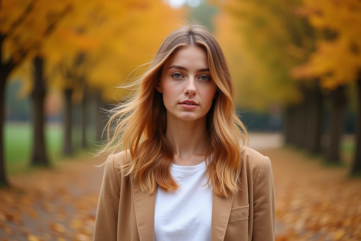 Femme avec balayage roux sur cheveux blonds dans un parc automnal aux feuilles dorées