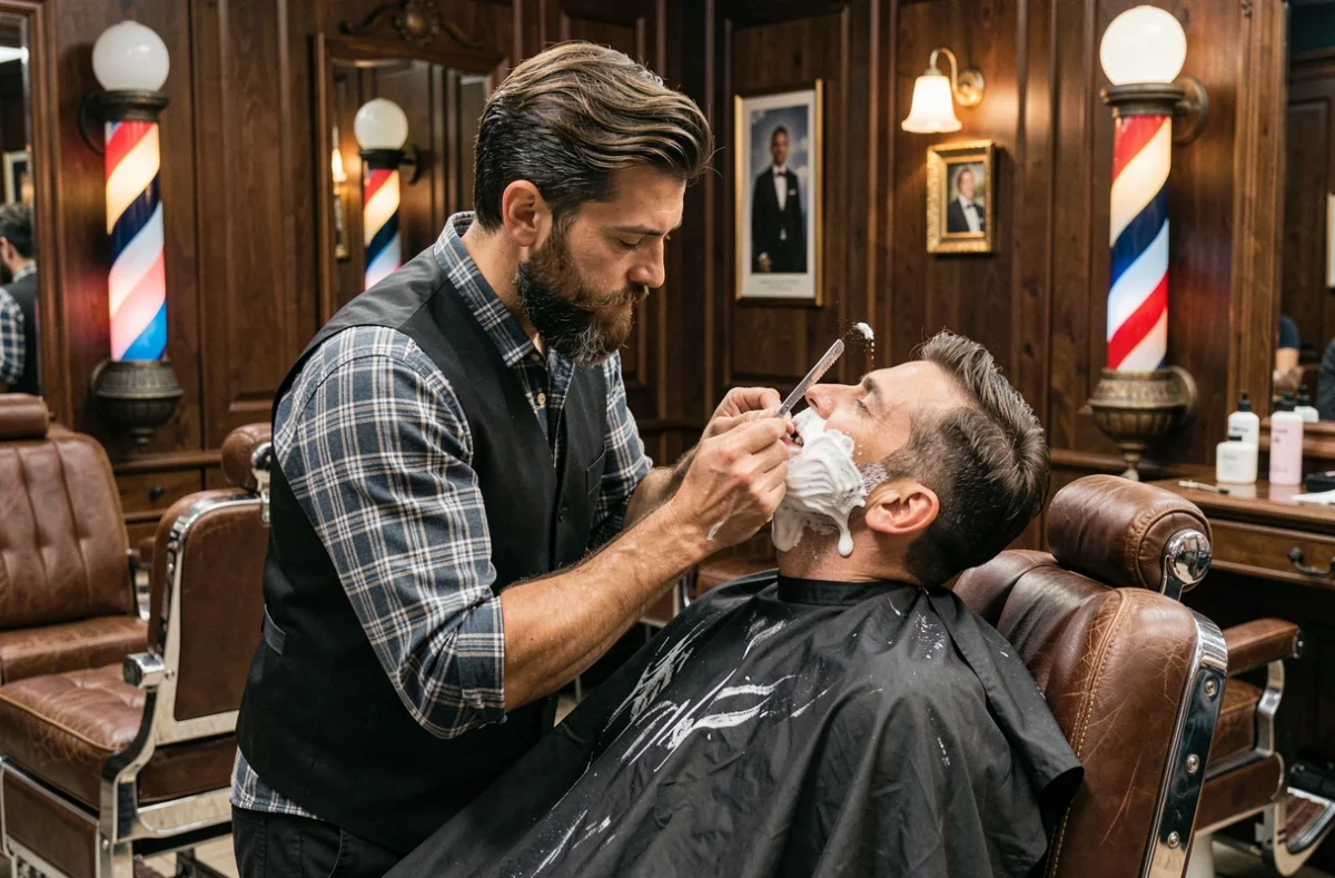 Barbier préparant un rasage au coupe-chou dans le salon Barbclub à Toulon