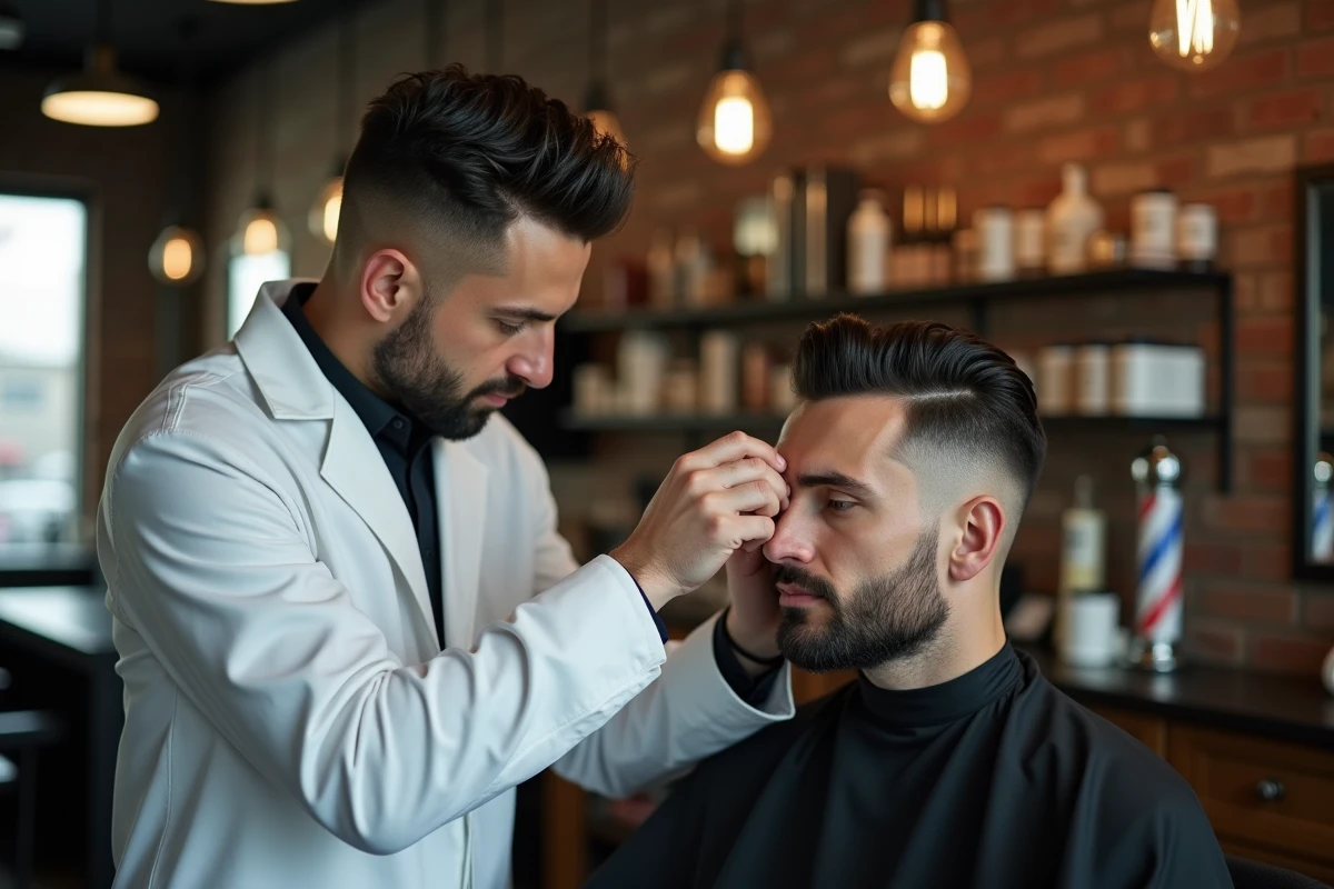 Barbier appliquant de la pomade sur une coupe mafieux italien dans un salon de coiffure moderne