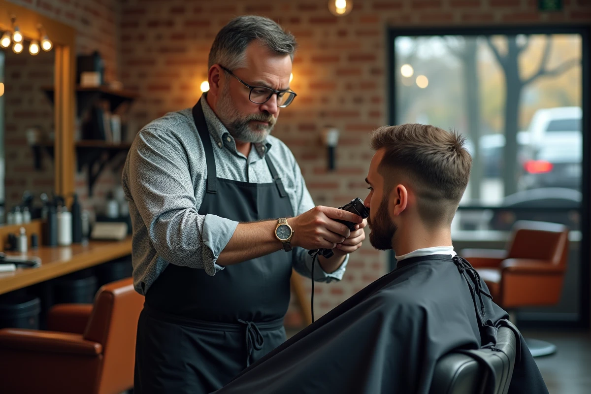 Barbier middleaged en pleine coupe avec outils dans un salon chaleureux