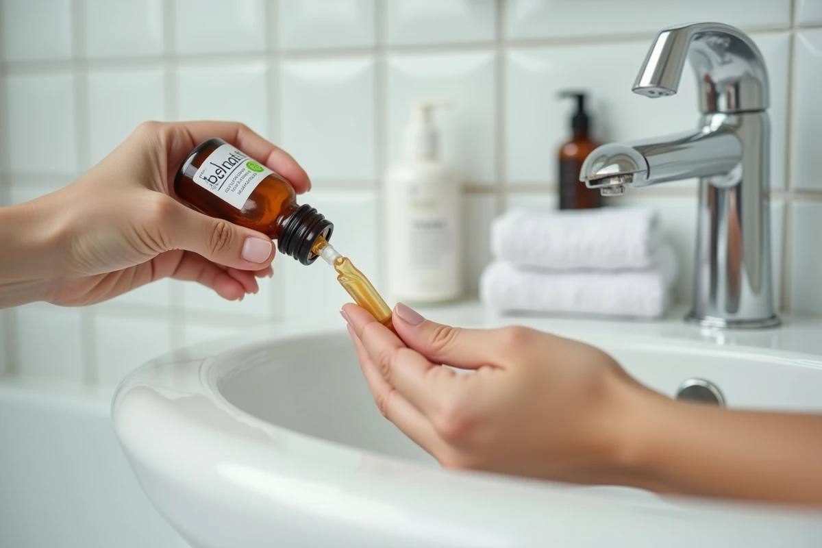 Flacon de bétadine à côté d'une mèche de cheveux colorés présentant une décoloration sur comptoir de salle de bain