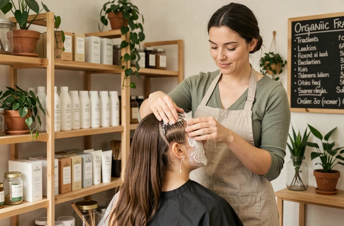 Styliste appliquant un masque capillaire bio dans le salon Biocoiff' écoresponsable à Fréjus