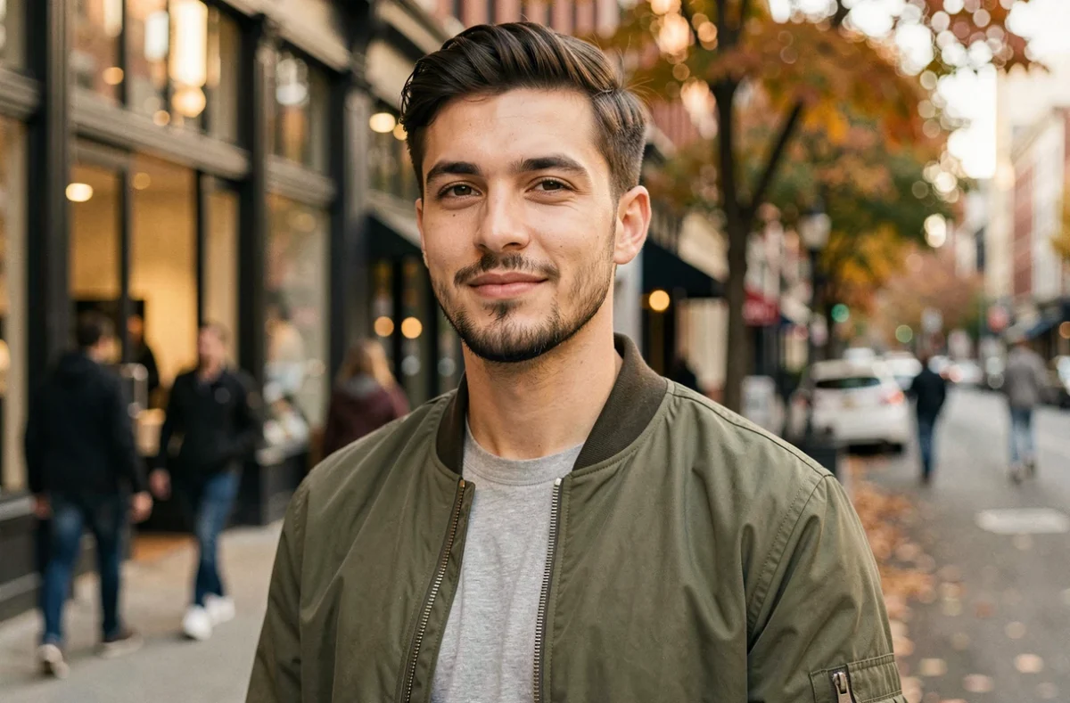 Jeune homme en veste bomber avec un bouc classique bien défini, style urbain décontracté dans une rue animée en automne