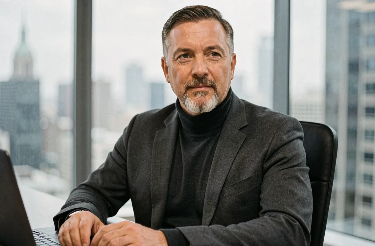 Homme d'affaires dans la quarantaine avec un bouc poivre et sel soigné, style professionnel et élégant en bureau moderne