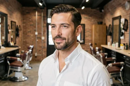 Homme aux 30 ans avec un bouc taillé net dans un barbershop moderne aux murs en briques, style masculin affirmé