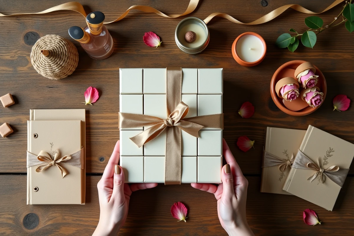 Vue de dessus d'un calendrier de l'Avent femme made in France déballé avec ses 24 cadeaux artisanaux disposés sur une table en chêne