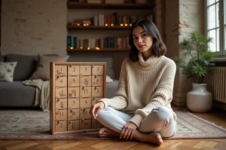 Femme assise devant un calendrier de l'Avent artisanal en bois made in France dans un appartement parisien cosy