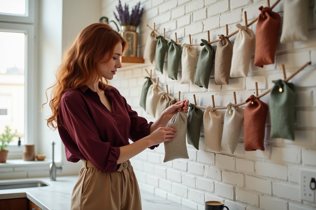 Femme ouvrant une pochette d'un calendrier de l'Avent en tissu artisanal français accroché à un mur en brique blanche