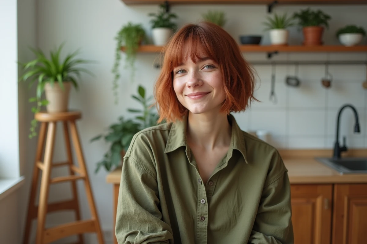 Jeune femme rousse avec un carré dégradé asymétrique dans une cuisine scandinave, métamorphose capillaire avant après
