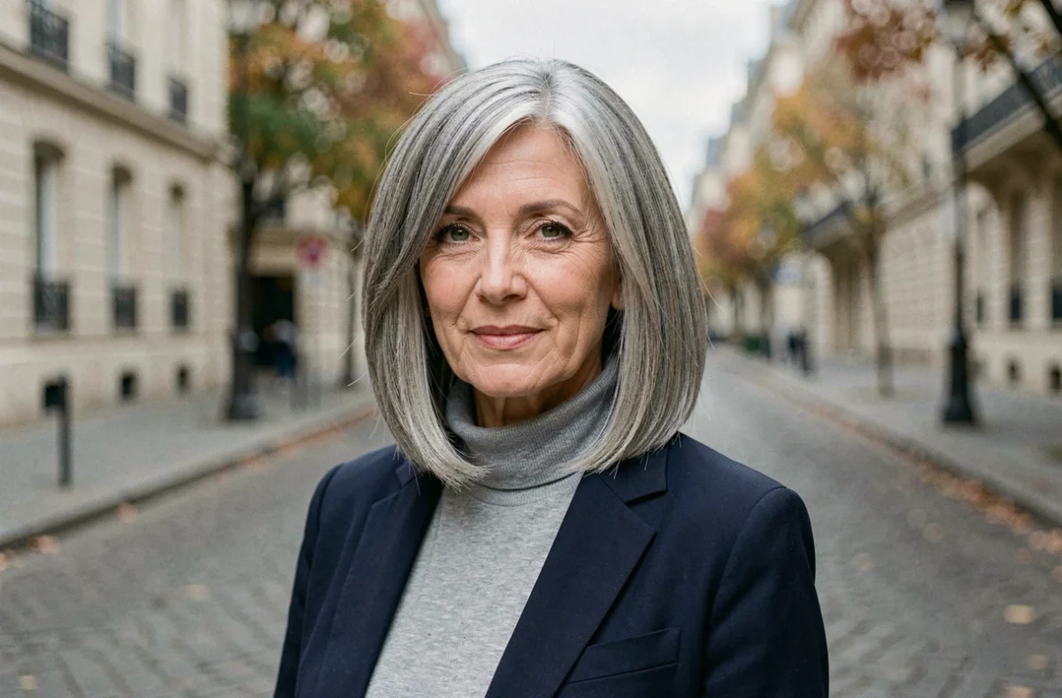 Femme aux cheveux gris argentés en carré dégradé chic, portant un blazer marine, dans une rue pavée parisienne en automne