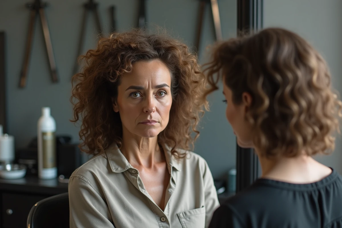 Femme aux cheveux abîmés par une permanente mal réalisée examinant le résultat dans le miroir d'un salon de coiffure