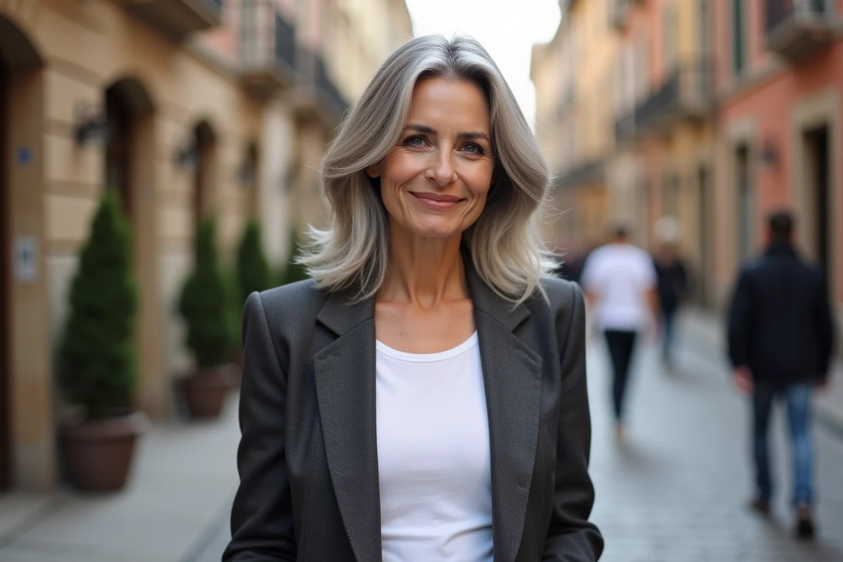 Femme élégante dans la cinquantaine avec des cheveux gris naturels fondus harmonieusement dans la rue en ville