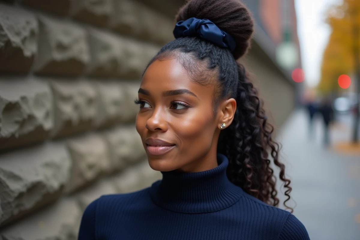 Femme noire aux cheveux naturels coiffés en chignon protecteur avec un chouchou en satin, portant un pull col roulé bleu marine, photographiée en extérieur urbain avec feuillage d'automne en arrière-plan