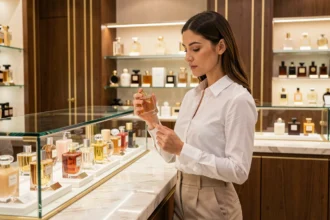 Femme examinant un flacon de parfum de luxe au comptoir d'une grande parfumerie élégante