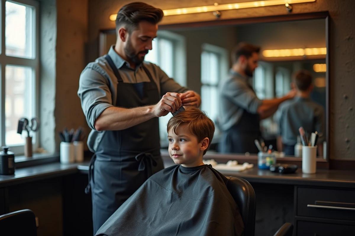 Coiffeur professionnel peignant les cheveux mouillés d'un jeune garçon lors de sa première coupe en salon