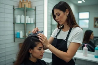 Coiffeuse professionnelle appliquant une solution de permanente sur les cheveux d'une cliente avec des rouleaux mousses dans un salon moderne