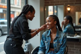 Jeune femme noire dans un salon de coiffure moderne près du métro