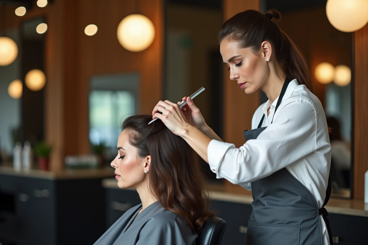 Coiffeuse professionnelle examinant le cuir chevelu sensible d'une cliente avec des produits Kevin Murphy dans un salon haut de gamme
