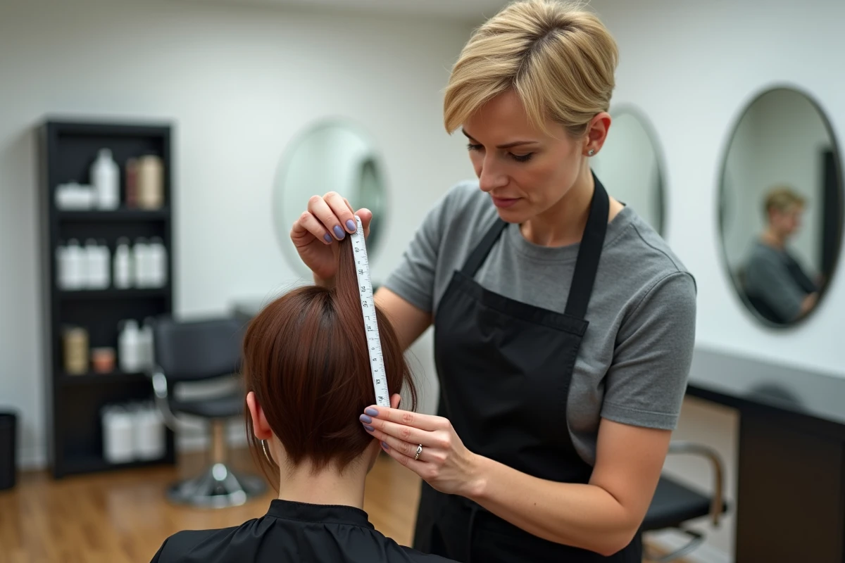 Coiffeuse mesurant la longueur d'une mèche de cheveux en salon, représentant la croissance capillaire mensuelle