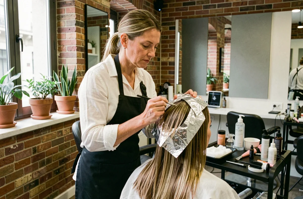 Coiffeuse professionnelle à Lyon appliquant une technique de balayage sur une cliente en salon