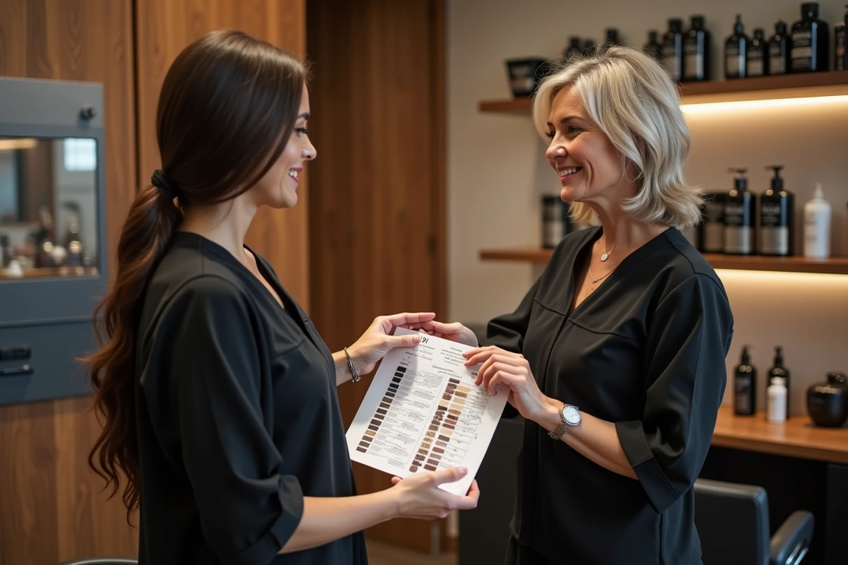 Deux coiffeuses professionnelles discutant des techniques de permanente correctes avec une charte de mèches de cheveux dans un salon