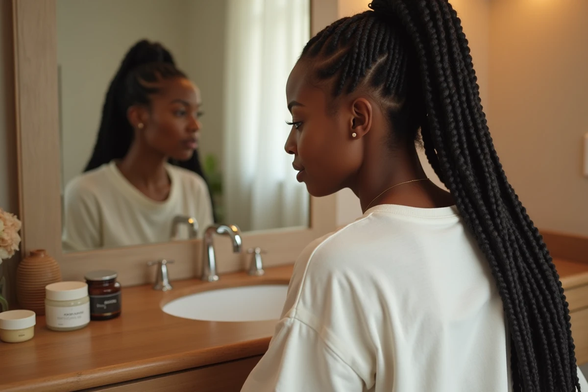 Femme aux cheveux bouclés coiffés en cornrows assise devant une coiffeuse en bois avec des produits capillaires naturels pour entretenir sa coiffure protectrice