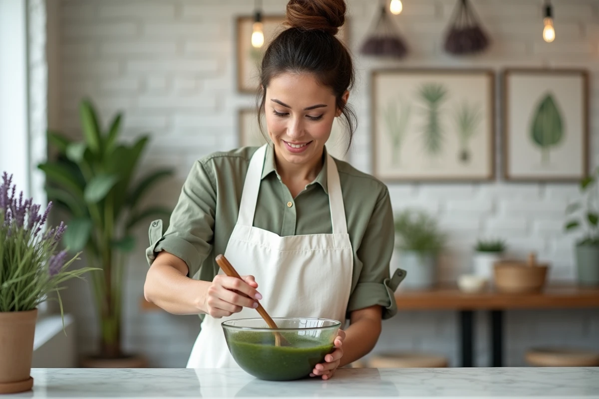 Coloriste professionnelle mélangeant une pâte de henné végétal dans un salon de coiffure botanique minimaliste au décor naturel