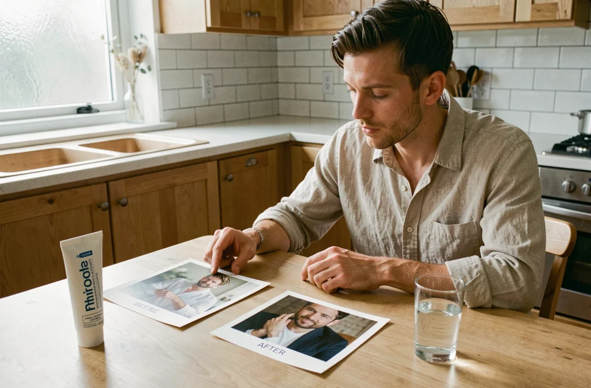 Homme comparant des photos avant après de résultats de dentifrice MARVIS posées sur une table de cuisine moderne