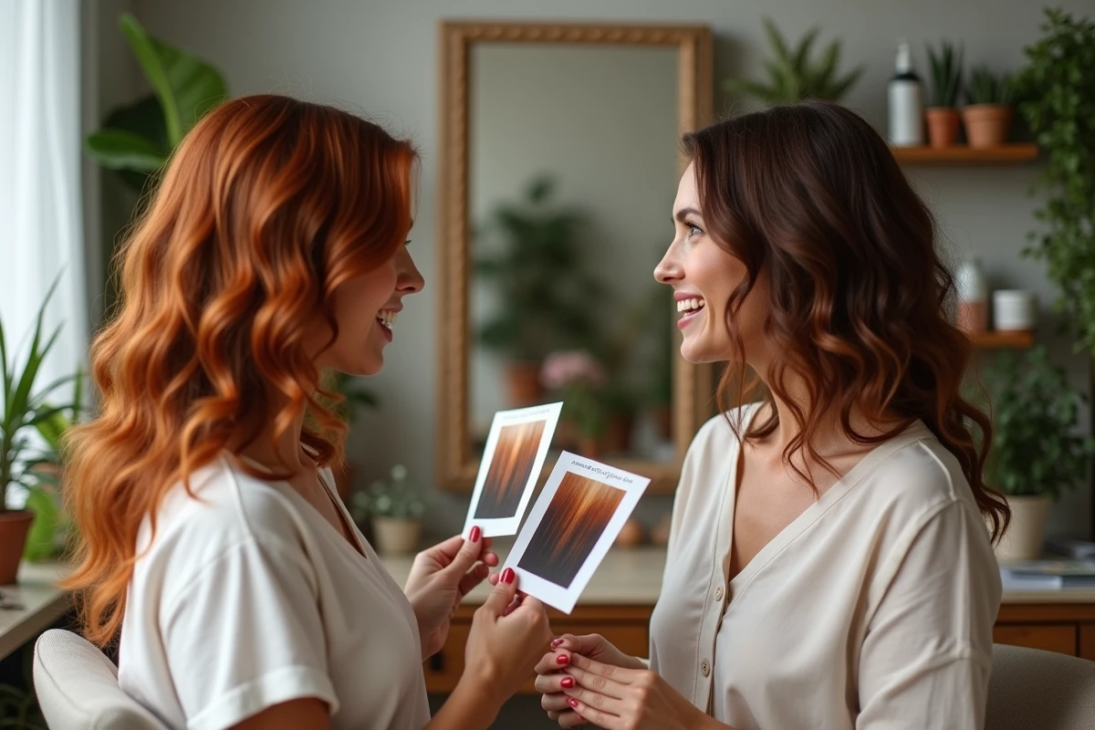 Deux femmes comparant leurs résultats de coloration au henné aux reflets cuivrés et acajou devant un miroir dans un studio naturel