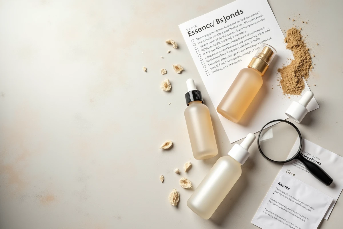 Vue de dessus d'une sélection d'essences cosmétiques avec checklist d'ingrédients pour une évaluation critique