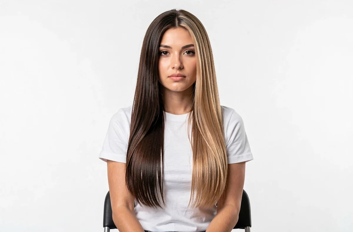 Comparaison visuelle entre coloration money piece et balayage classique sur les cheveux longs d'une jeune femme