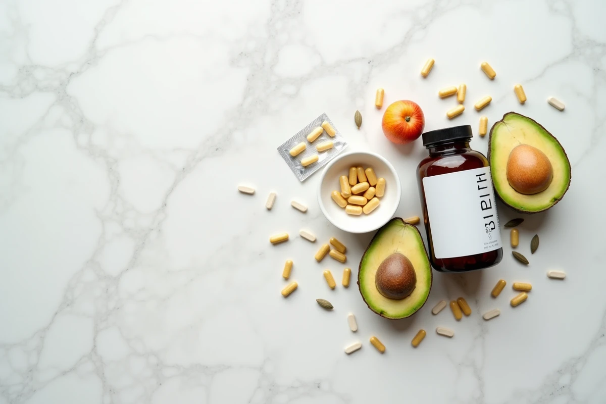 Compléments alimentaires pour ongles sains disposés en flat lay sur marbre blanc incluant biotine zinc et oméga-3
