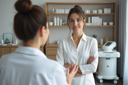 Femme en consultation avec un dermatologue dans une clinique moderne