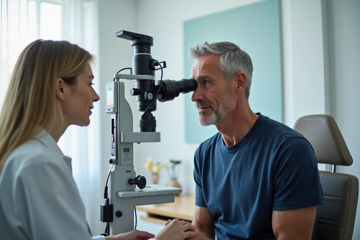 Examen ophtalmologique d'un homme aux yeux multicolores dans un cabinet médical, consultation pour anomalie de l'iris