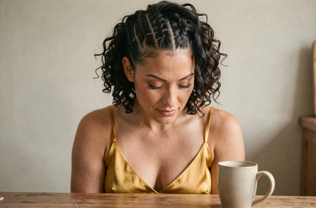 Femme aux cheveux courts bouclés avec des cornrows sur le dessus de la tête dans une ambiance cuisine naturelle