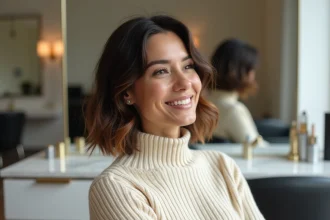 Femme aux cheveux bruns avec une coupe au carré dégradé fraîchement réalisée dans un salon moderne, avant/après métamorphose capillaire