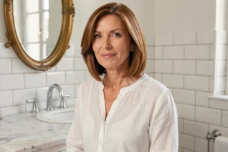 Femme de 50 ans avec une coupe carré dégradée chatain aux reflets caramel, assise devant un miroir vintage dans une salle de bain parisienne élégante