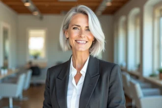 Femme aux cheveux blancs et gris en carré court tendance 2026 dans un salon de coiffure moderne