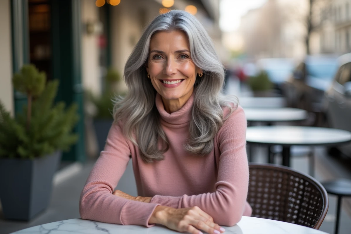 Femme élégante aux longs cheveux gris ondulés coupe dégradée tendance en terrasse de café parisien