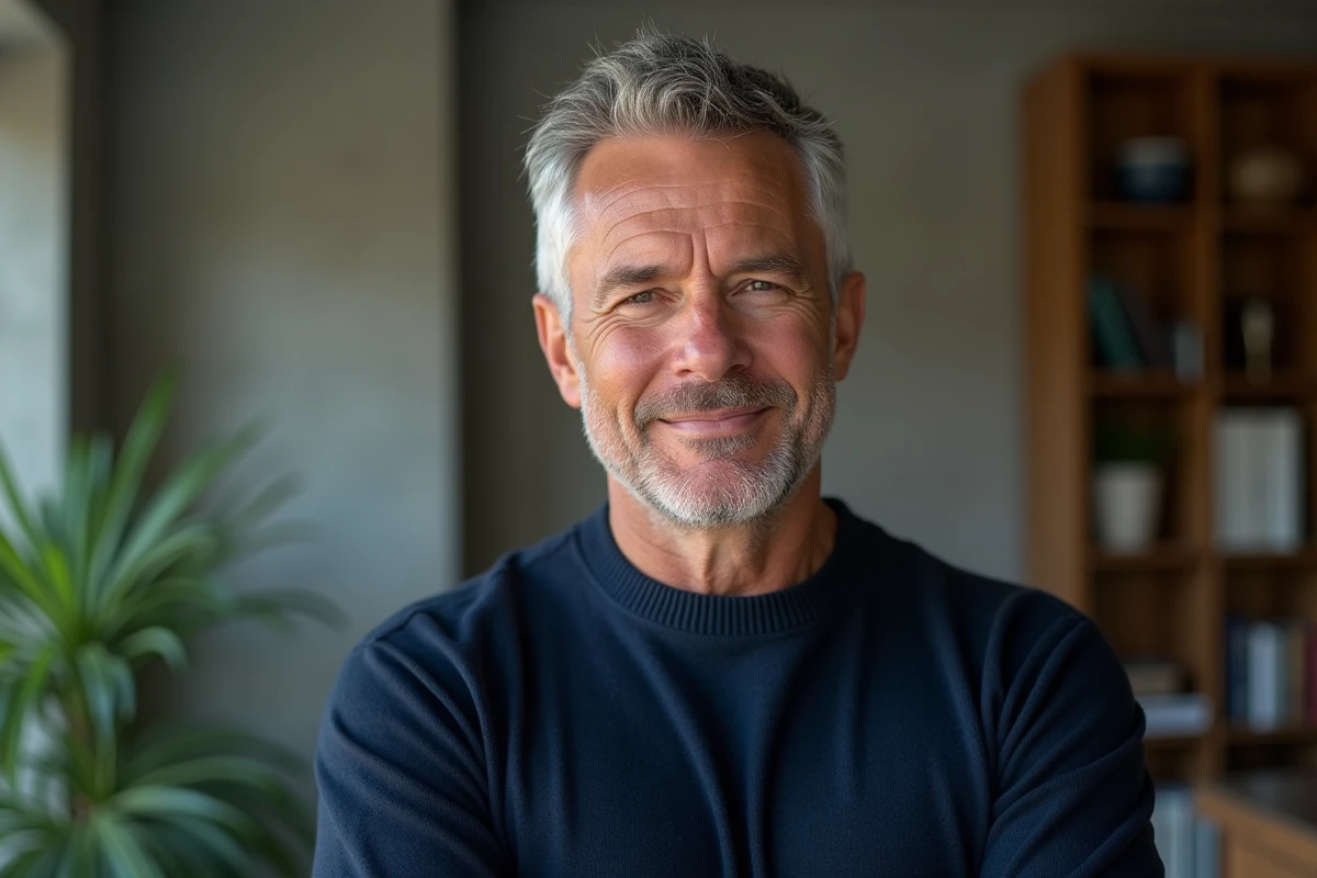 Homme aux cheveux sel et poivre coupe courte dégradée tendance 2026 dans un intérieur contemporain
